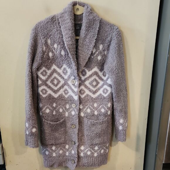 Barefoot Dreams Cozy Chic Size SmaGray and White Nordic Pattern Cardigan Sweater - Picture 1 of 4